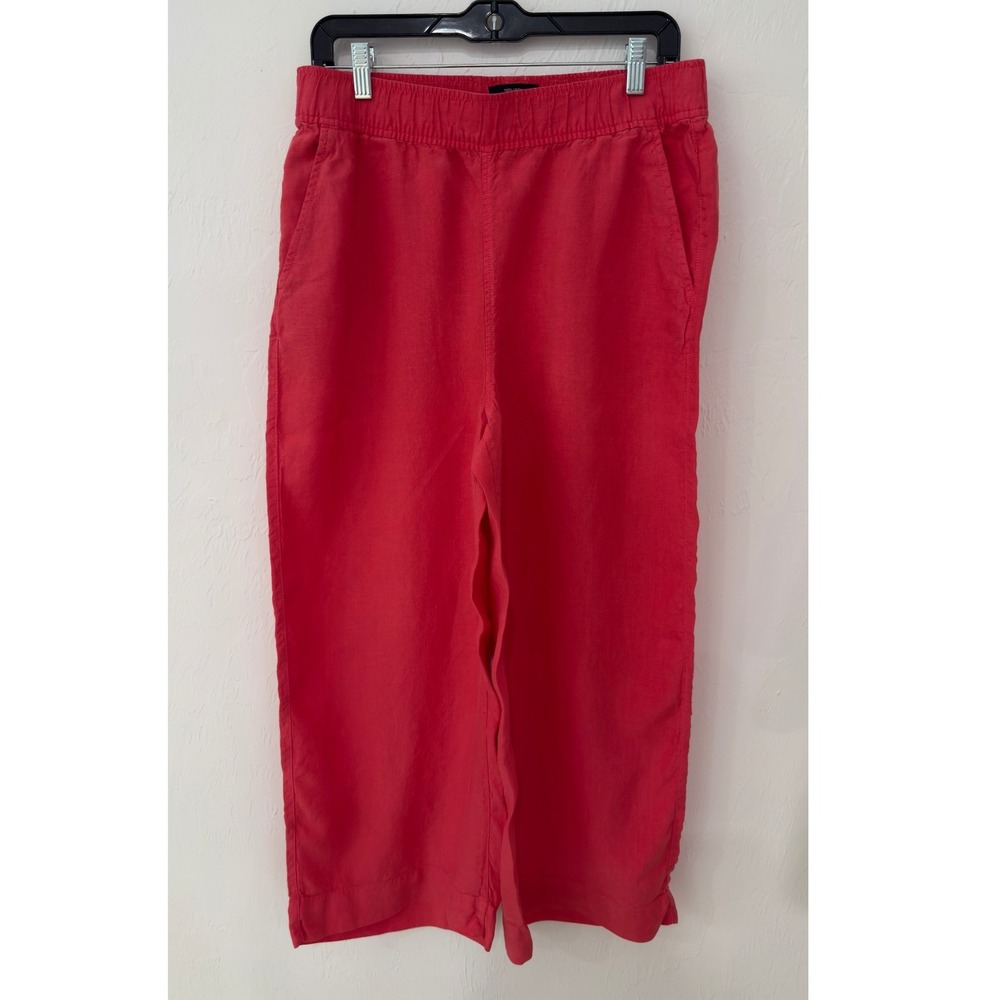 Tahari Women Coral Pink 100% Linen Wide Leg Elastic Waist Pants Size L - Picture 3 of 7